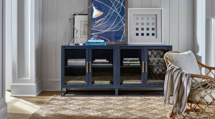 rug with blue cabinet